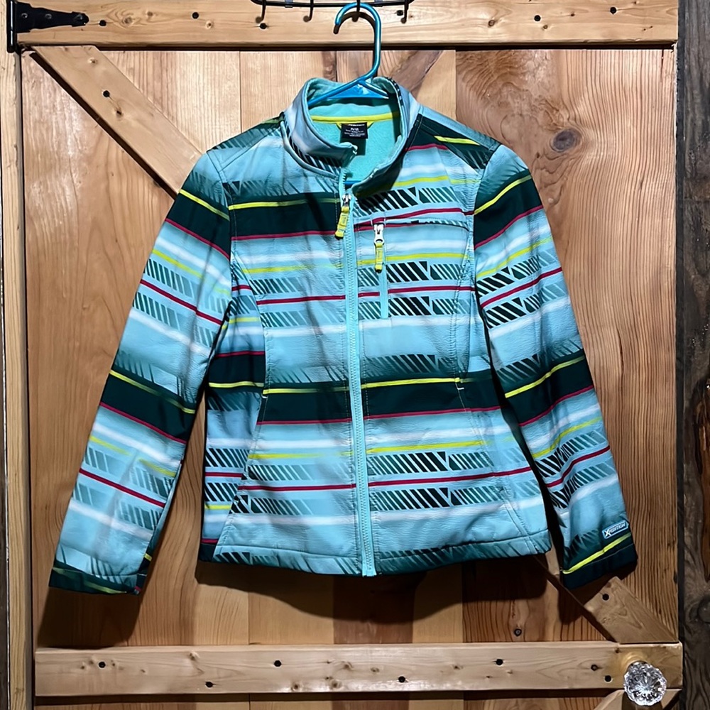 Xpedition mountain jacket size XL (14-16) shades of green yellow and pink strip